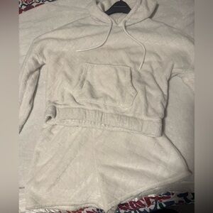 White Fuzzy Crop Sweatshirt Shorts set No Boundaries